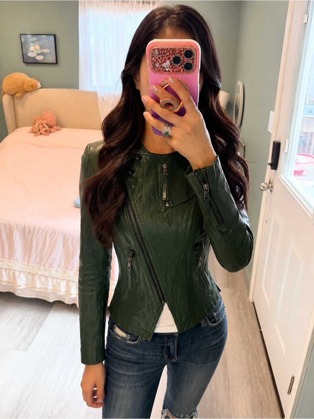 Vintage Emerald Green Lambskin Leather Moto Jacket Cropped Fitted - Picture 2 of 8